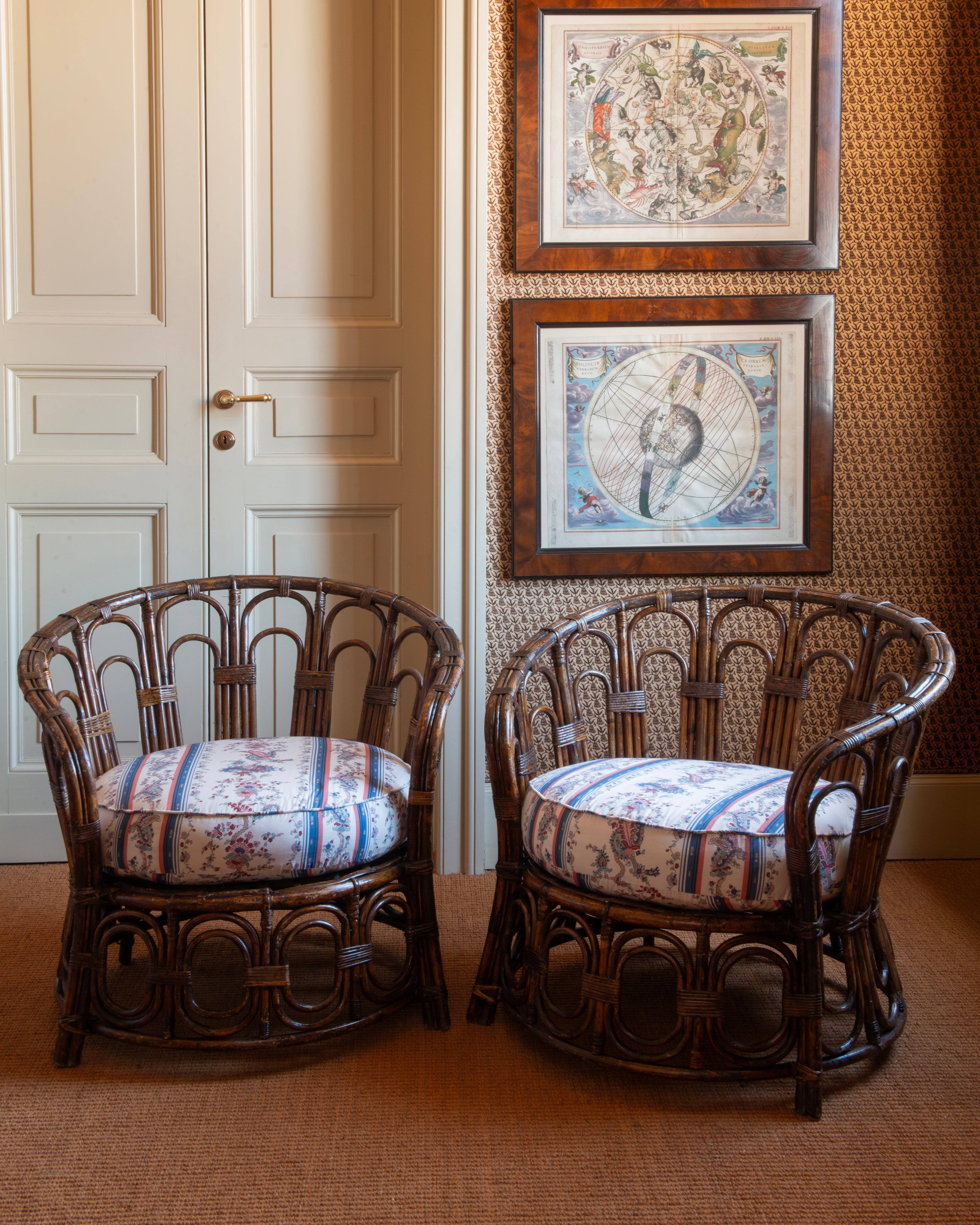1920's Wicker Armchairs with Padded Schumacher Fabric Cushions